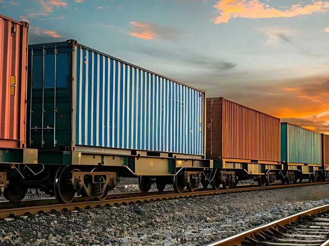 A train carrying numerous containers, transporting goods efficiently across the tracks.