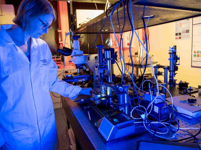 Assistant Professor, Lynn Paterson from u-Care, stands in a lab coat using a microscope.