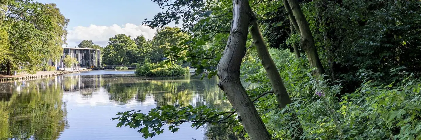 The tranquil loch bordered by trees, with the GRID building visible in the background.