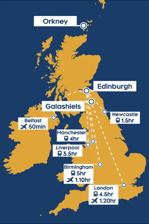 Map of the UK and travel times to Edinburgh from each city. London 4.5 hours on train, 1.20 hours flying. Birmingham 5 hours on train, 1 hours ten minutes flying. Manchester 4 hours by train