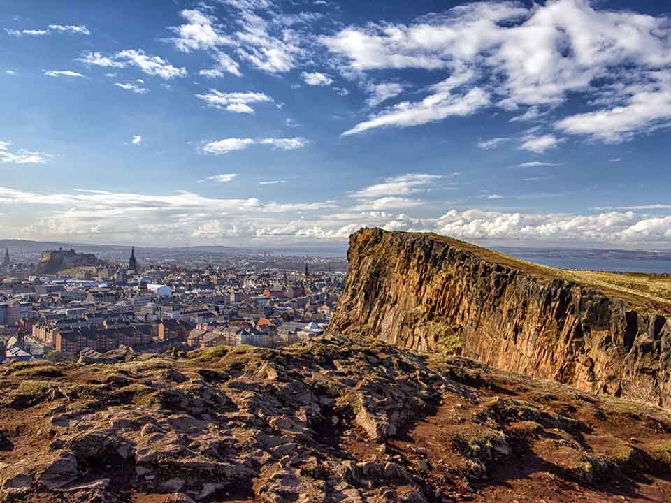 Edinburgh City skyline seen from up on Arthur's Seat on a clear day