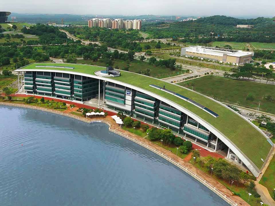 Aerial view of the Malaysia Campus building with the lake in the foreground