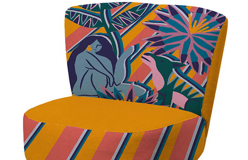chair with multi coloured tropical fabric print