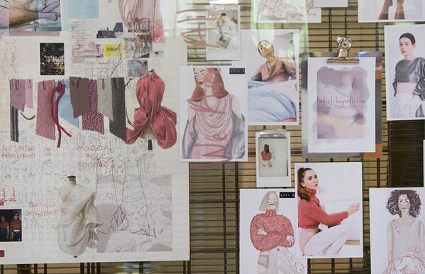 pink red and baby blue themed fashion mood board