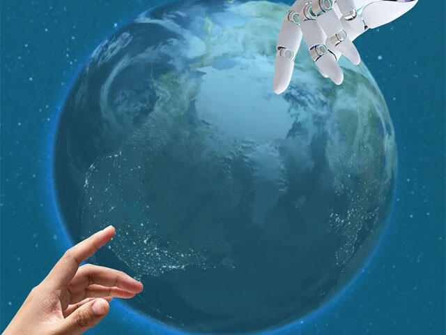 A human hand reaches out to a robot gliding over the Earth, illustrating the interaction between people and advanced technology.