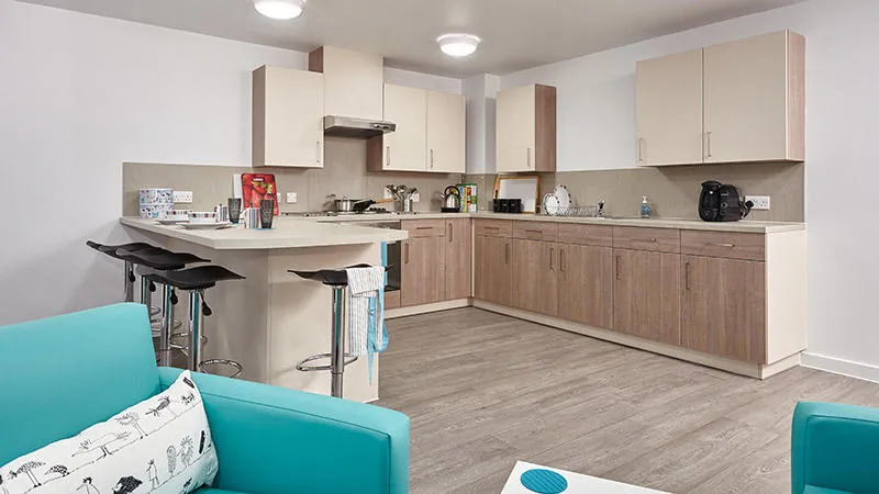 Kitchen showing breakfast bar, cooking area and sofa