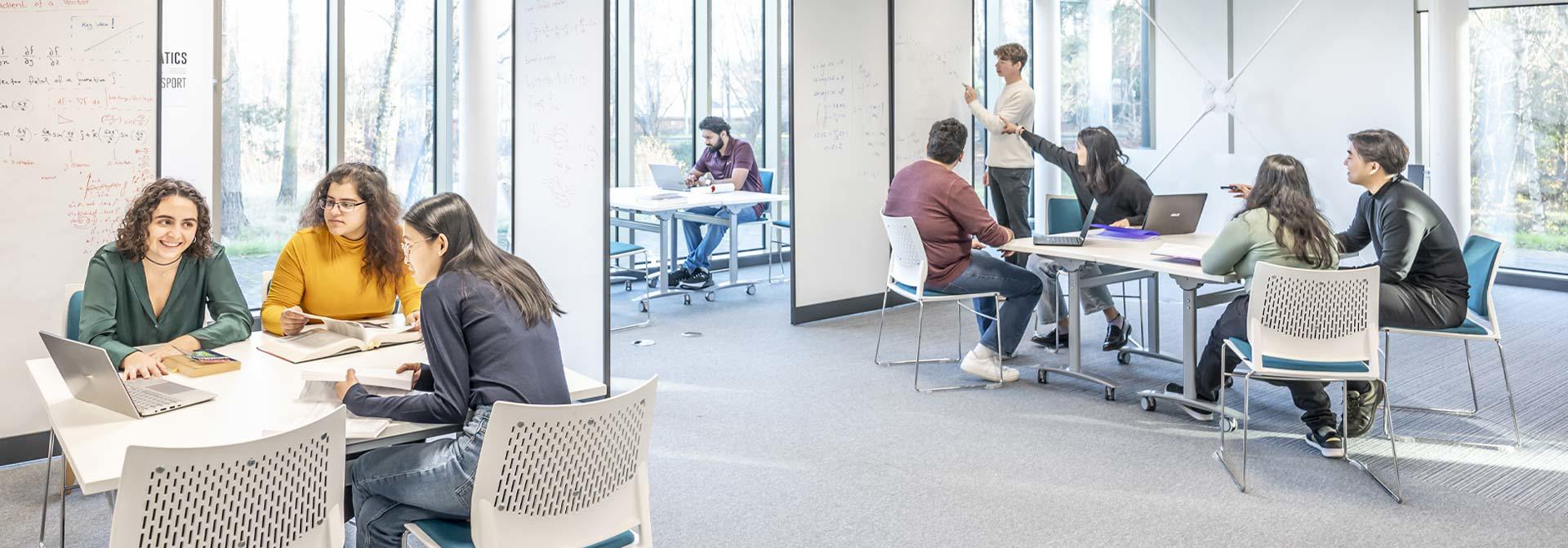 Students collaborate on projects in a bright study space with white walls and large windows.