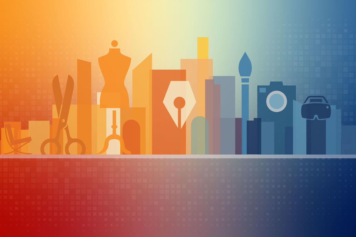 minimal illustration of skyscrappers with illustrations of various textile, design and media elements infront of it.