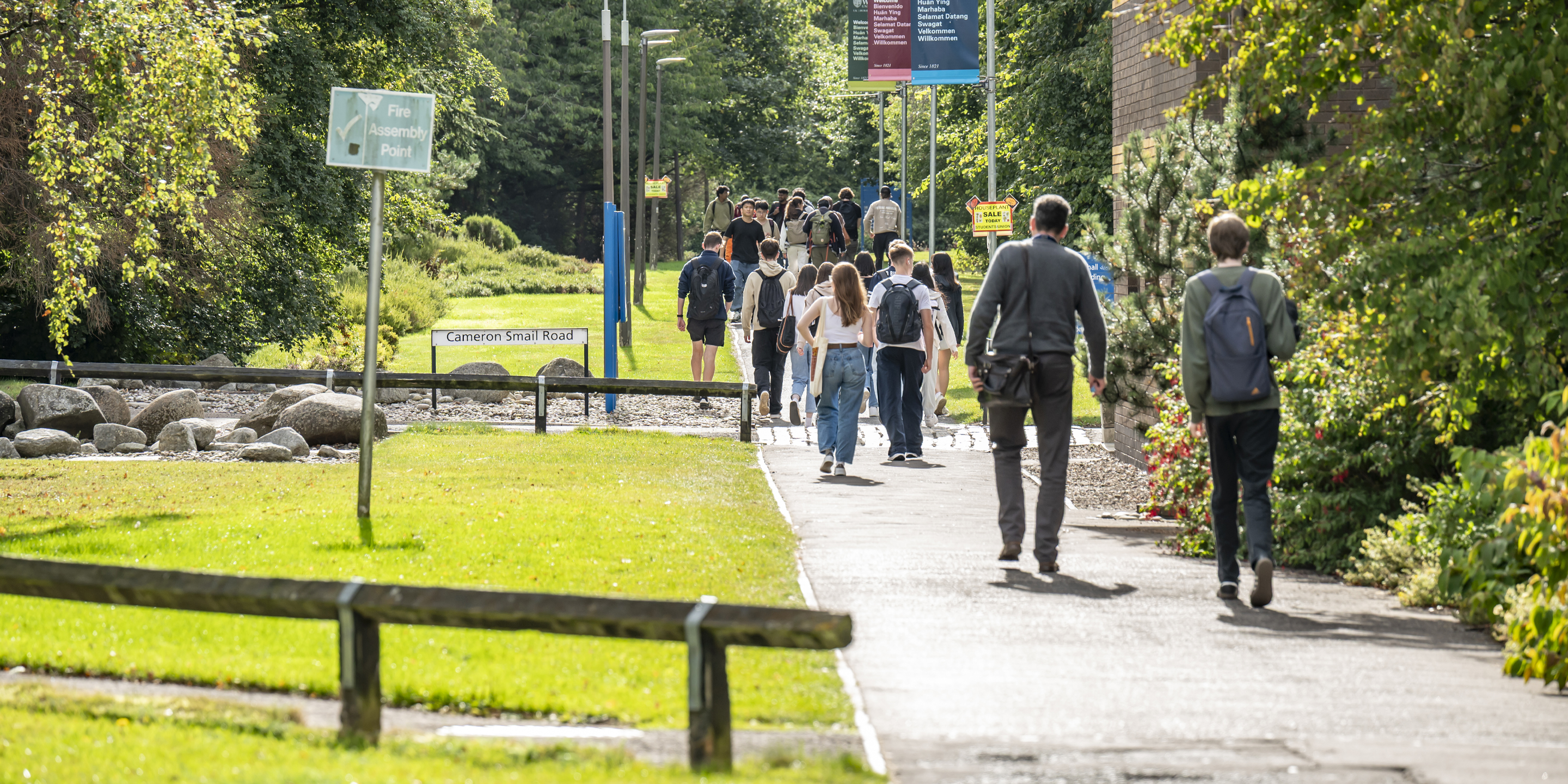 Students walking along a sunny walkway beside green lawns.