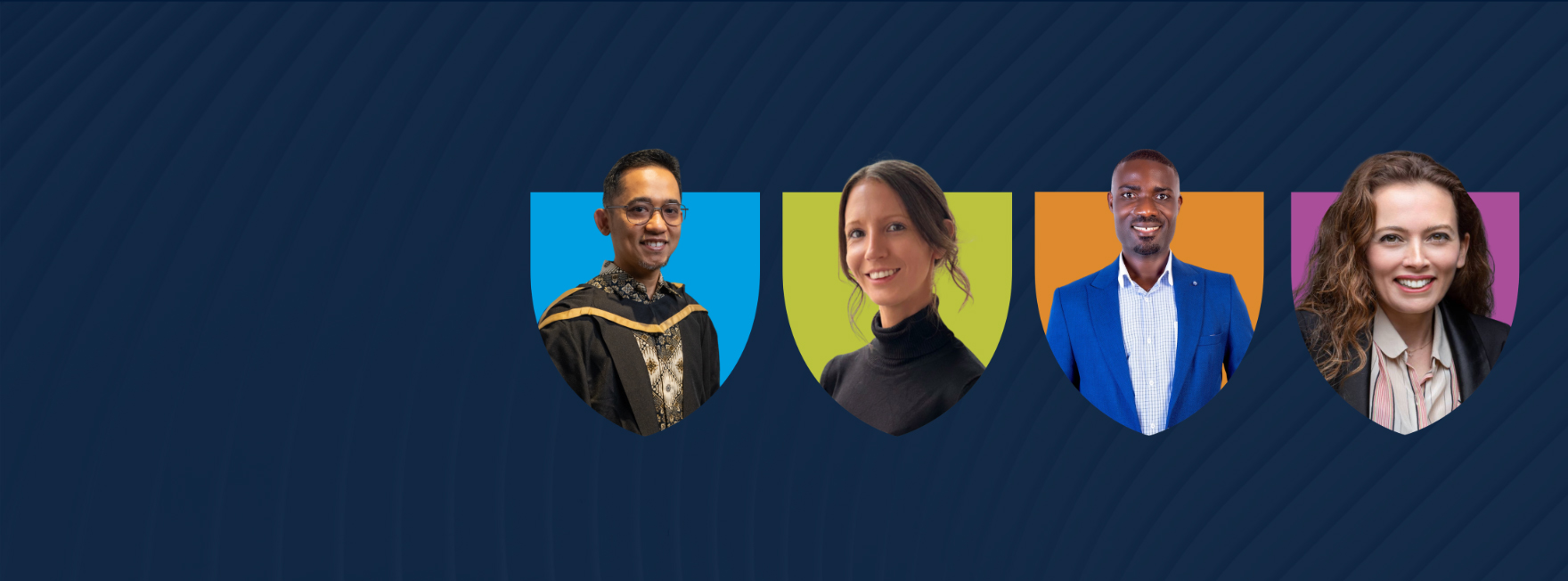 Four diverse professionals pictured in shield-shaped frames against a dark blue abstract background.