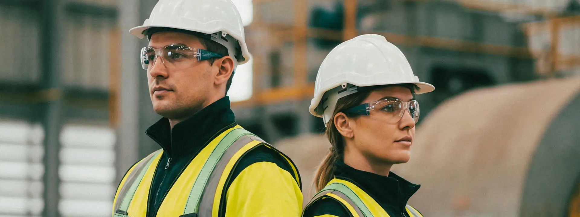 Two construction workers in yellow safety vests and white helmets standing back to back inside an industrial facility.
