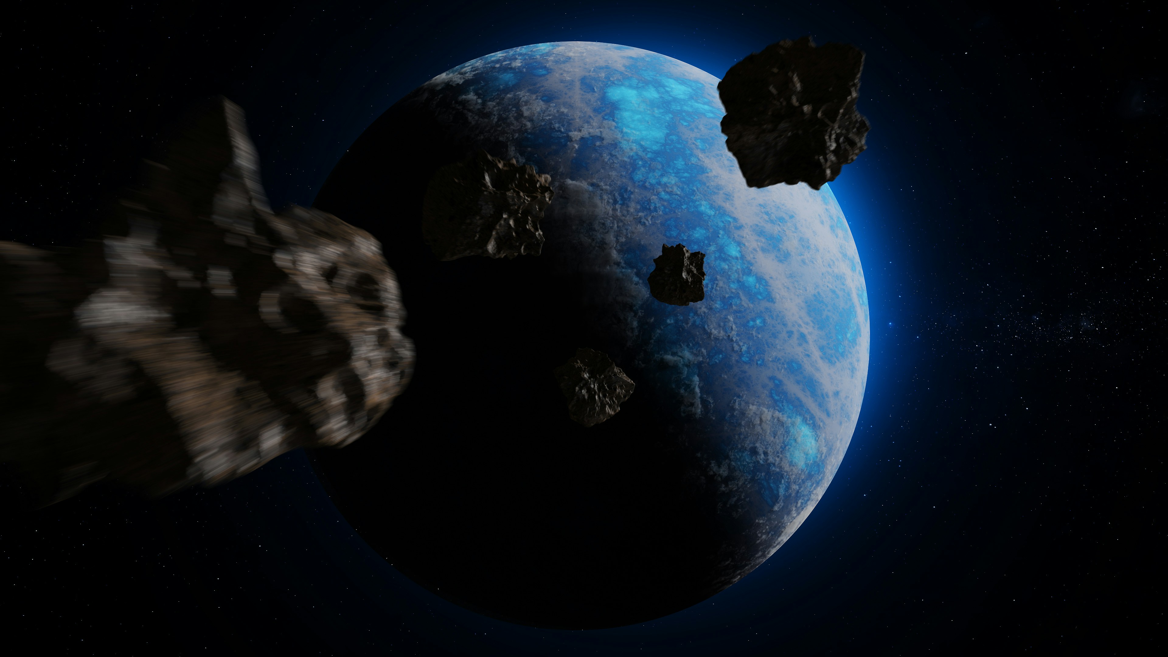 Asteroids heading towards a planet.