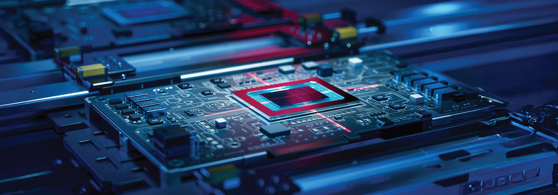 Detailed close-up of a computer motherboard highlighting its complex circuitry and connections.