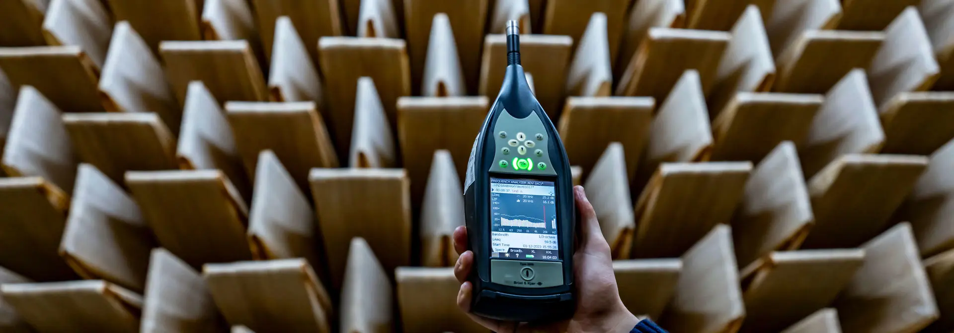 Close up view of frequency analysis equipment in an anechoic chamber
