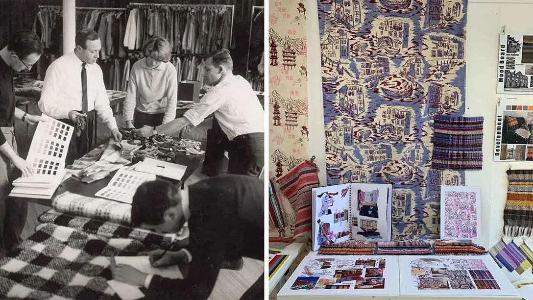 Bernat Klein with colleagues in the studio (left) and exhibits from 'John Thomson Reimagined' (right) Bernat Klein with colleagues in his studio beside an image of student textile designs inspired by the photography of John Thomson